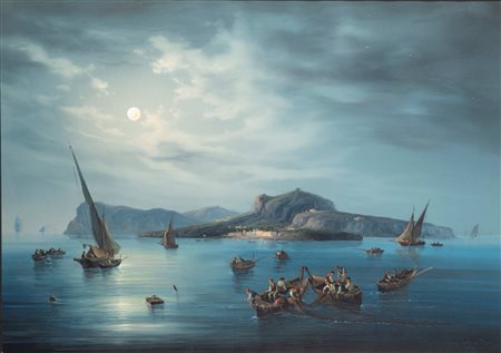 Gioacchino La Pira (attivo tra 1839 e 1875)  - Notturno a Capri