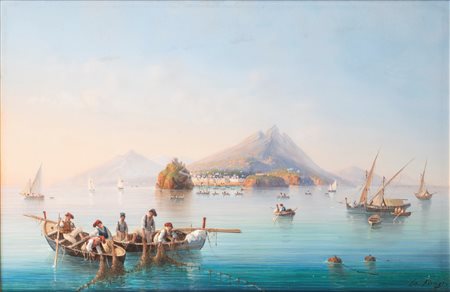 Gioacchino La Pira (attivo tra 1839 e 1875)  - Pescatori al largo di Ischia