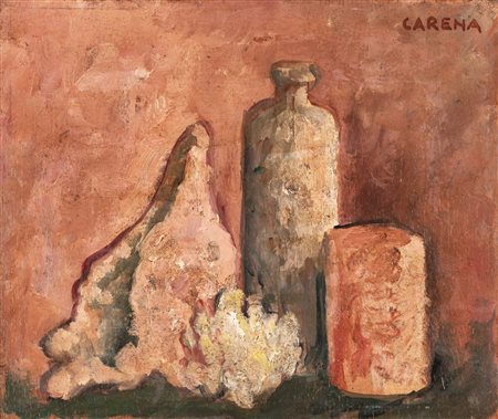 Felice Carena (Cumiana 1879-Venezia 1966)  - Natura Morta con conchiglia, spugna e bottiglia