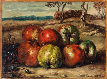 Giorgio de Chirico (Volos 1888-Roma 1978)  - Vita silente di frutta in un paesaggio, 1955