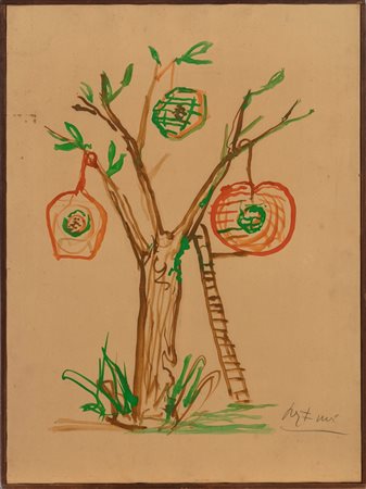 Achille Funi (Ferrara 1890-Appiano Gentile 1972)  - Albero, frutti e scala, 1972 ca.