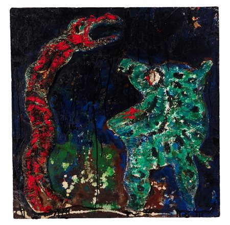 Enrico Baj (Milano 1924-Vergiate 2003)  - Nella notte il serpente rosso affrontò il Tricotril, 1955