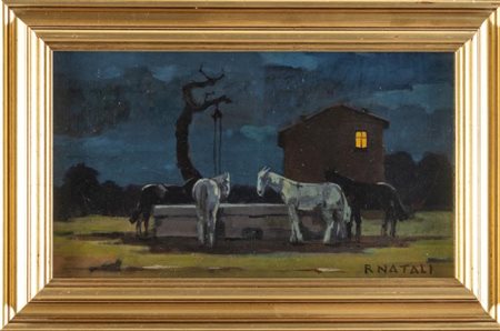 Renato Natali (Livorno 1883 - 1979). Paesaggio notturno con cavalli.