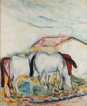 GIUSEPPE CESETTI Tuscania 1902 - 1990 Paesaggio con cavalli al pascolo, 1960...
