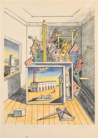 Giorgio De Chirico Interno Metafisico 1970 Litografia e acquarello su carta...