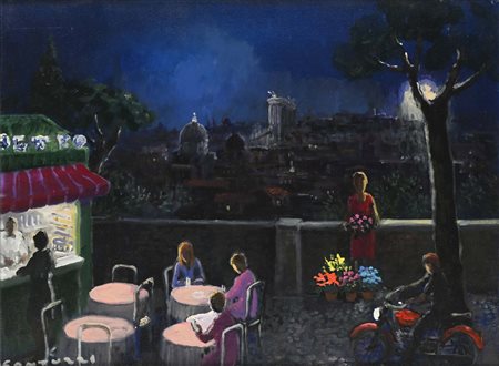 Eliano Fantuzzi Veduta di Roma notturna 1984 Olio su tela cm 60x80 - in...