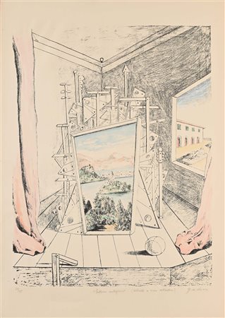 Giorgio De Chirico Interno Metafisico Litografia e acquarello su carta cm...