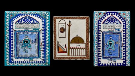 Group of three tiles depicting Ka'ba and Medina