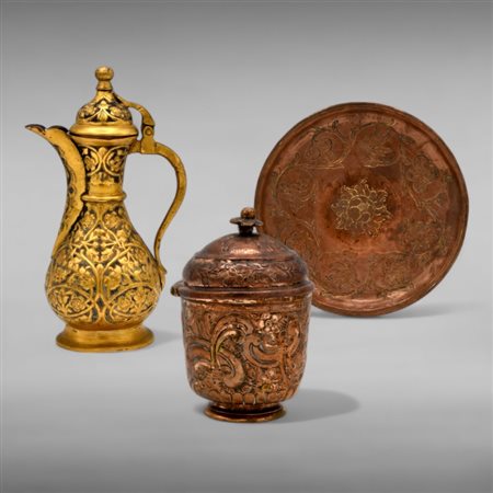 Two tombak items and a brass teapot