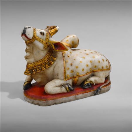 Large painted and gilded alabaster sculpture of Nandi