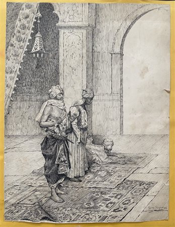 Giuseppe Signorini (1857-1932) Orientalist drawing depicting the hour of prayer