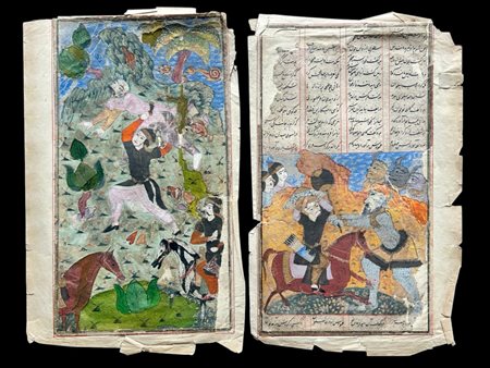 Two illustrated fragments from a Qajar Shahnameh