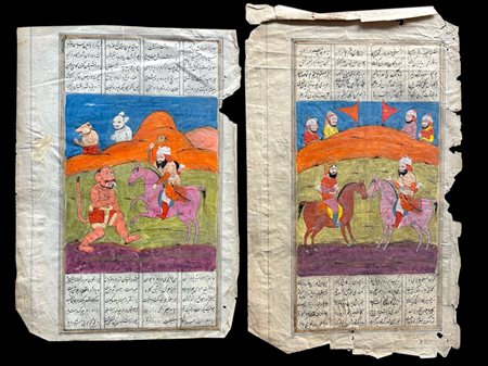 Two pages illustrated from a dispersed Shahnameh