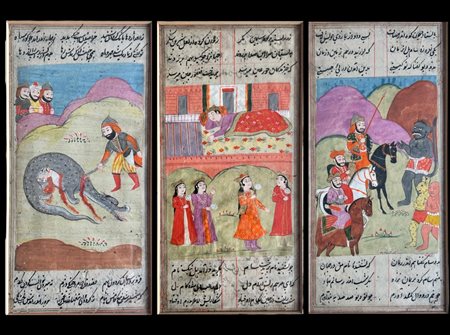 Three illustrated folios from a Shahnameh