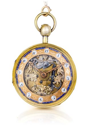 Orologio da tasca con automi in metallo dorato, corredato di catena Cassa in...