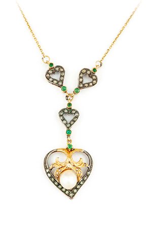 Pendente a cuore in oro, argento diamanti e perla Oro giallo 585/000, argento...