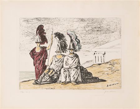 Giorgio de Chirico (Volos 1888-Roma 1978)  - Guerrieri di ritorno da Troia, 1966