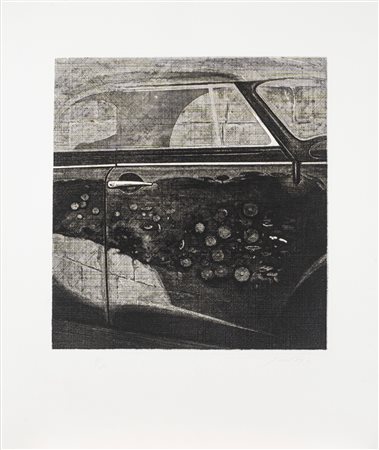 Piero Guccione (Scicli 1935-Modica 2018)  - Riflessi sulla Volkswagen (fiori, macchina e muro), 1973