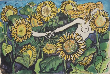 Renato Guttuso (Bagheria 1911-Roma 1987)  - Coppia tra i girasoli