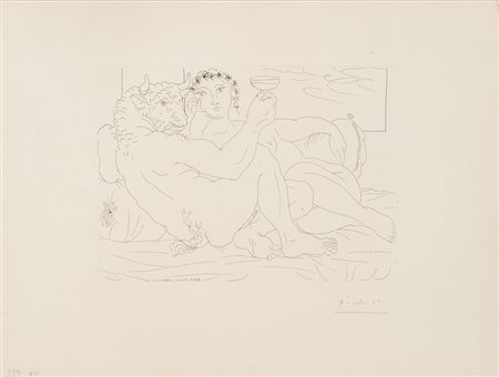 Pablo Picasso (Malaga 1881-Mougins 1973)  - Minotaure, une Coupe à la Main, et jeune Femme, Tav. 83 de La Suite Vollard, 1933