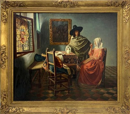 Personaggi in un interno, copia da Jean Vermeer., Dutch pittore of the fine 19° secolo.