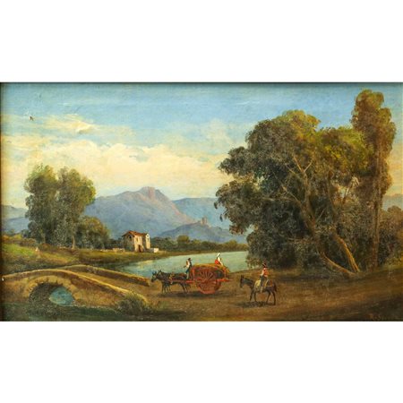 Raimondo Scoppa (Napoli 1820-Napoli 1890)  - Paesaggio fluviale con ponte