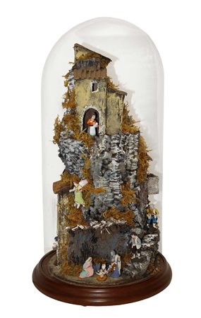 Produzione  Ferrigno (Napoli 1836)  - Presepe con figurine borgo multipiano con luci in teca di vetro, 20° secolo