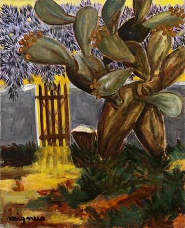 Giuseppe Migneco , Messina 1908 , Milano 1997 "Cactus" olio su tela, cm 61x50...