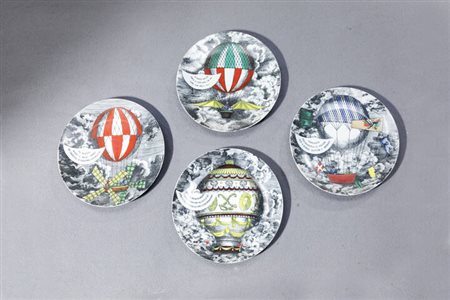 PIERO FORNASETTI<BR>Milano 1913 - 1988<BR>Quattro piatti della serie Mongolfiere