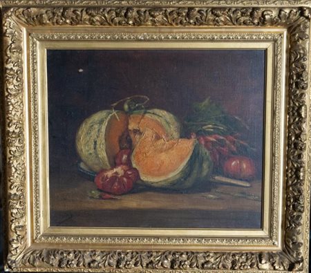 Natura morta con melone, dipinto francese , Fine XIX secolo 53,5x45,5 cm...