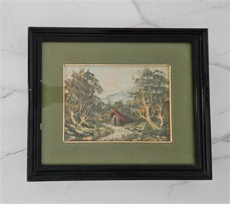 Paesaggio campestre con alberi e casa Olio su tela 18x24 cm 1. Con cornice...