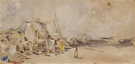 Luigi Conconi "Lo studio del pittore" 1889
tecnica mista su carta (cm 24,5x52,5)