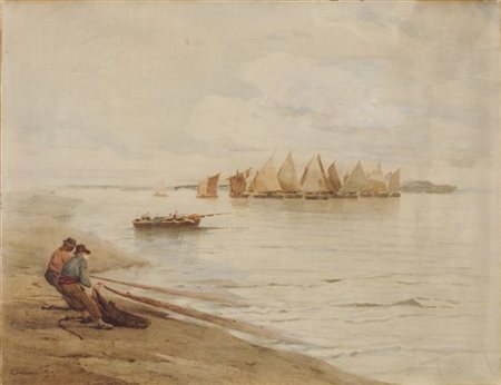 Filippo Carcano "La pesca" 
acquerello su carta (cm 57x74)
firmato in basso a si