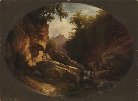 Carlo Markò il Giovane "Scorcio toscano con ruscello e rocca in lontananza" 1860