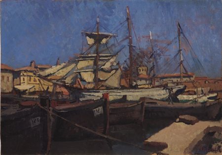 Giovanni March "Darsena a Livorno" 
olio su compensato (cm 51x73)
firmato in bas