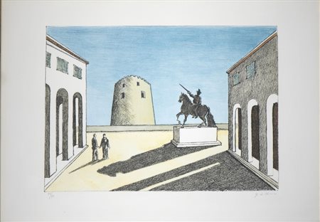 DE CHIRICO GIORGIO (1888 - 1978) - PIAZZA D' ITALIA CON STATA ECQUESTRE.