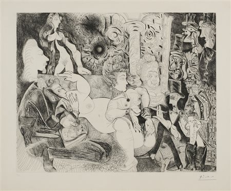 PICASSO PABLO (1881 - 1973) - DALLA SUITE 156: PEINTRE A' LAVALLIERE DESSINANT SON MODELE DANS LE CADRE DEK MAISON TELLIER.