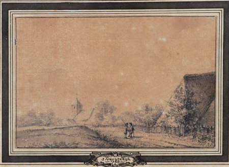 Jacob Versteegh (1730 - 1816), Travelers in a landscape, wash pen drawing on...