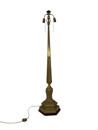 A large brass Victorian style table lamp on a wooden base.H. 170 cm,