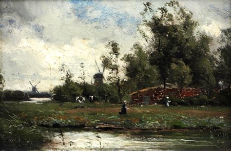 Flemish School, 19th century, Figures in a watery landscape, a mill in the...