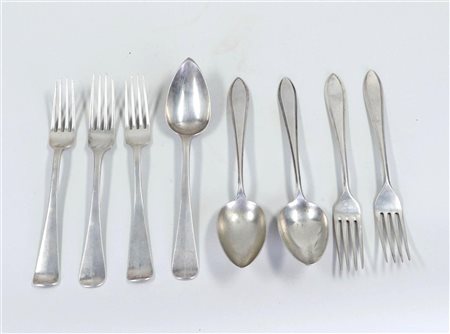 A lot of silver cutlery consisting of three spoons and five forks, English...