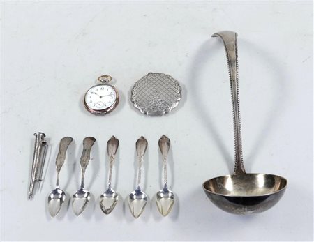 Collection of various silver objects including a pocket watch, powder box and...