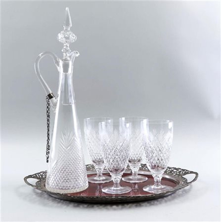 A 19th century silver tray with a cut carafe and four glasses.Diam. 44 cm.