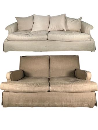 A lot consisting of two lounge sofas upholstered in taupe and white linen...