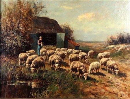 Pieter AdrianusBouter (1887 - 1968). Flock of sheep with shepherd at stable,...