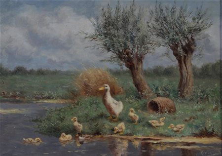 Hendrik Breedveld (1918 - 1999), Mother duck with ducklings at the water's...