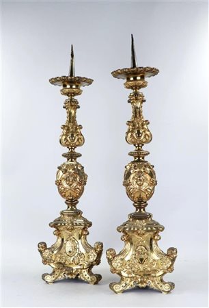 A pair of large gilt bronze altar candlesticks. France, 1st half 19th...