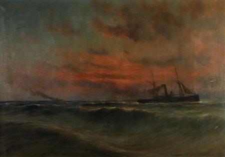 Romain Steppe (1859 - 1927), A steam sailor at sea at sunset, signed (lower...