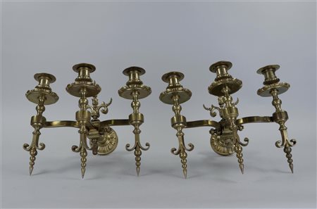 A pair of 3-light copper wall chandeliers, circa 1930. Origin: Restaurant Old...