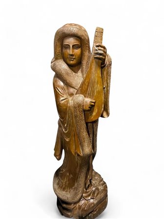 Wooden statue of a woman with a string instrument. damaged.H.: 150